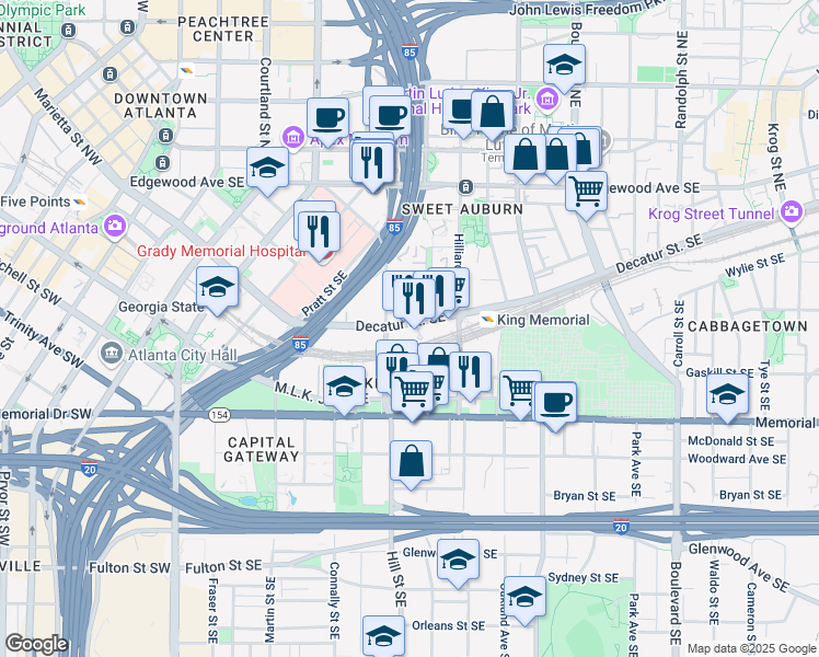 map of restaurants, bars, coffee shops, grocery stores, and more near 349 Decatur Street Southeast in Atlanta
