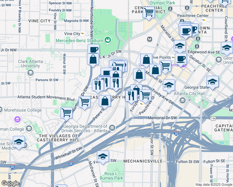 map of restaurants, bars, coffee shops, grocery stores, and more near 177 Peters Street Southwest in Atlanta