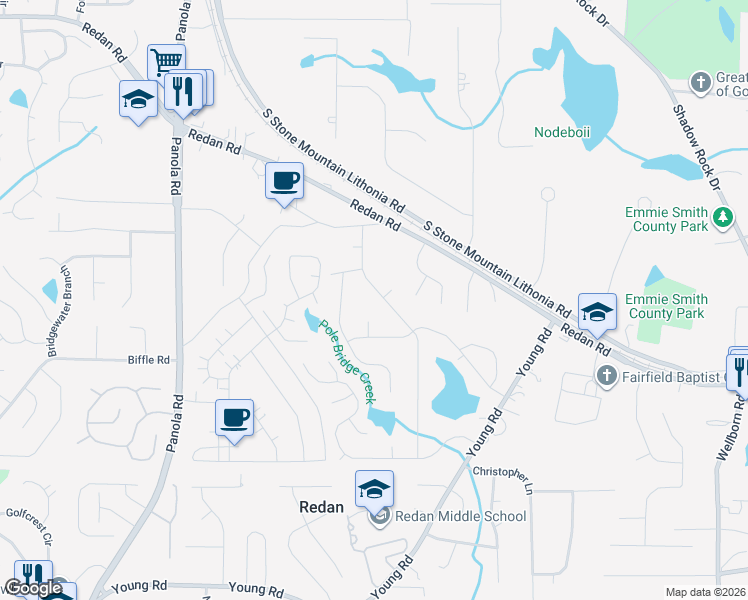 map of restaurants, bars, coffee shops, grocery stores, and more near 1421 Stoneleigh Hill Road in Lithonia