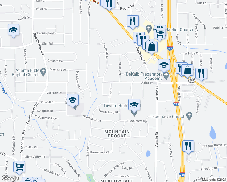 map of restaurants, bars, coffee shops, grocery stores, and more near 1470 Tulip Place in Decatur