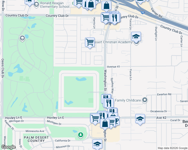 map of restaurants, bars, coffee shops, grocery stores, and more near 77900 Woodhaven Drive North in Palm Desert