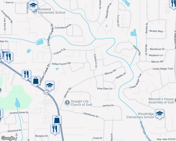 map of restaurants, bars, coffee shops, grocery stores, and more near 1471 Colony East Circle in Stone Mountain