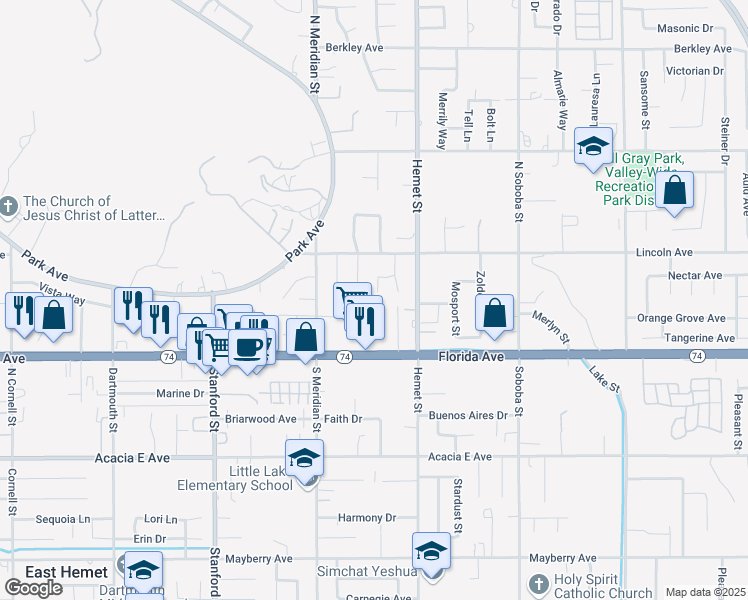 map of restaurants, bars, coffee shops, grocery stores, and more near 4303 Valentine Lane in Hemet
