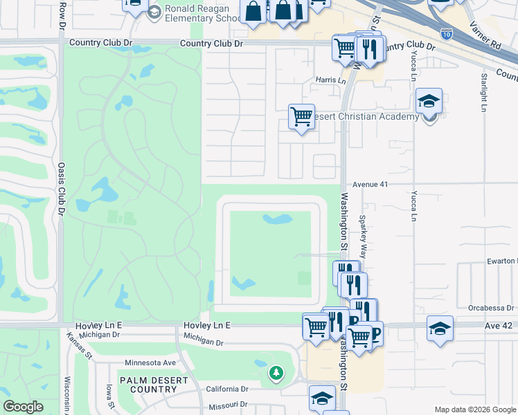 map of restaurants, bars, coffee shops, grocery stores, and more near 77689 Woodhaven Drive North in Palm Desert