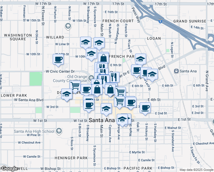map of restaurants, bars, coffee shops, grocery stores, and more near 115 E Santa Ana Blvd in Santa Ana