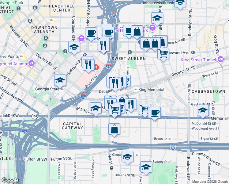map of restaurants, bars, coffee shops, grocery stores, and more near 349 Decatur Street Southeast in Atlanta