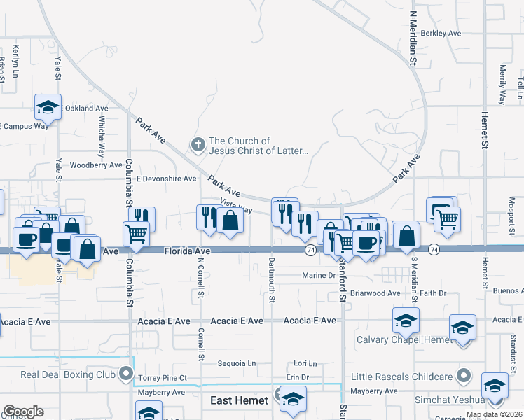 map of restaurants, bars, coffee shops, grocery stores, and more near 3260 Vista Way in Hemet