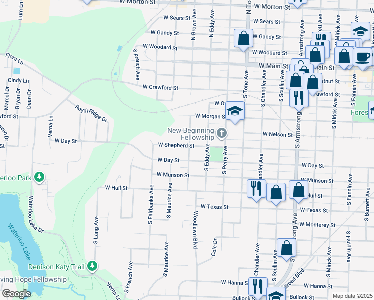 map of restaurants, bars, coffee shops, grocery stores, and more near 1400 West Shepherd Street in Denison