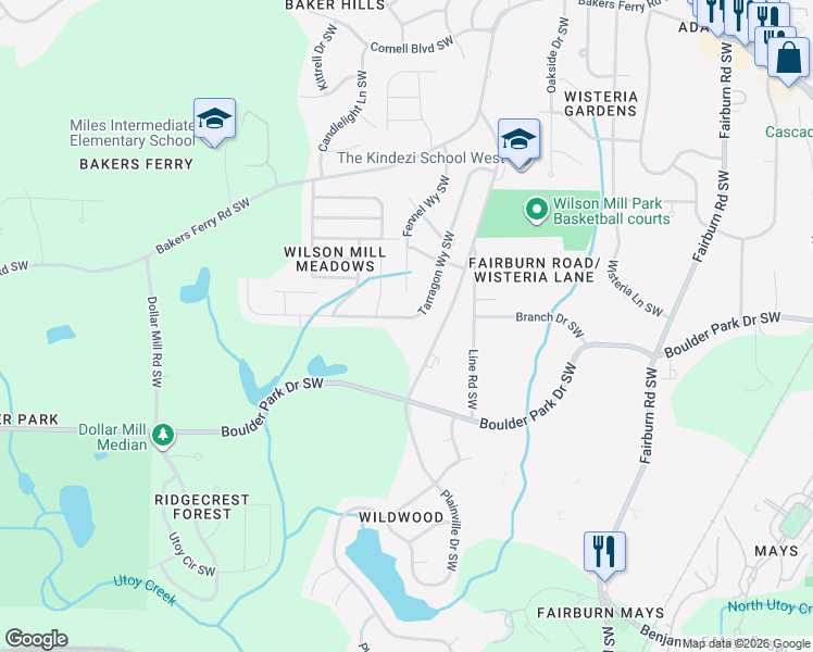 map of restaurants, bars, coffee shops, grocery stores, and more near 464 Tarragon Way Southwest in Atlanta