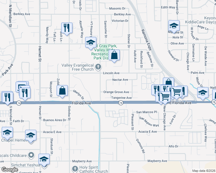 map of restaurants, bars, coffee shops, grocery stores, and more near 222 Marmalade Lane in Hemet