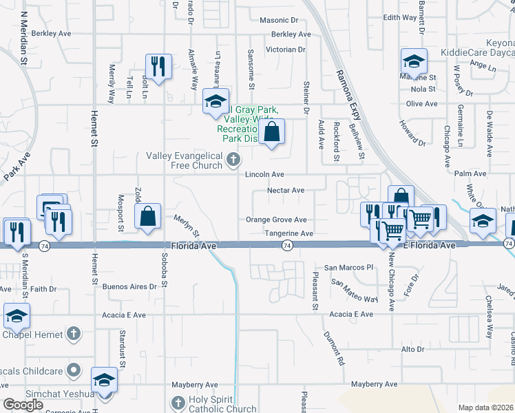 map of restaurants, bars, coffee shops, grocery stores, and more near 222 Marmalade Lane in Hemet