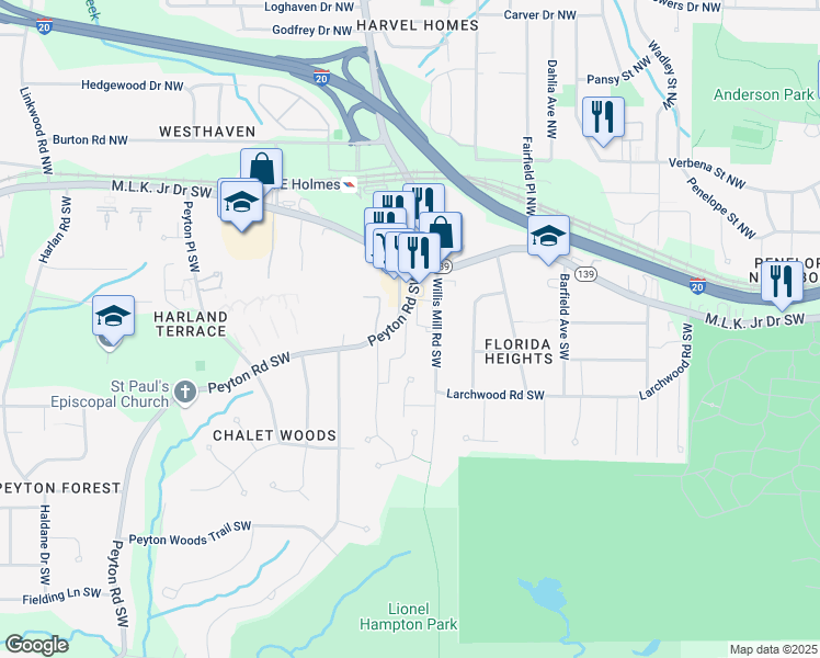 map of restaurants, bars, coffee shops, grocery stores, and more near 34 Kelso at Peyton Drive Southwest in Atlanta