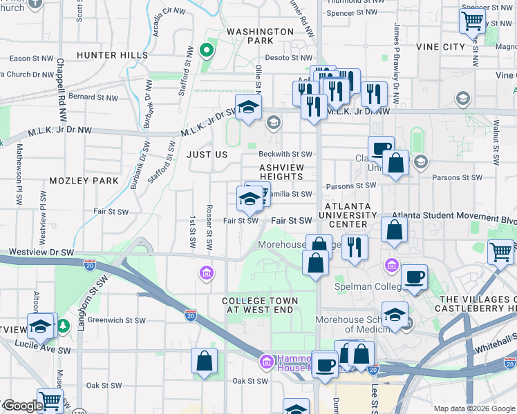 map of restaurants, bars, coffee shops, grocery stores, and more near 1027 Ashby Grove Southwest in Atlanta