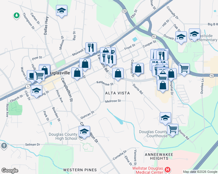 map of restaurants, bars, coffee shops, grocery stores, and more near 8450 Fairview Drive in Douglasville