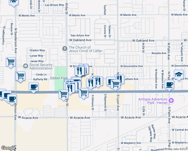 map of restaurants, bars, coffee shops, grocery stores, and more near 1895 West Devonshire Avenue in Hemet
