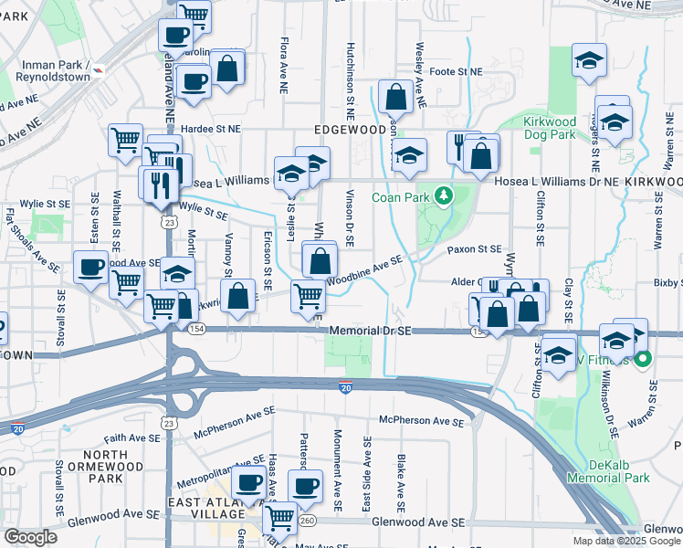map of restaurants, bars, coffee shops, grocery stores, and more near 1432 Woodbine Avenue Southeast in Atlanta