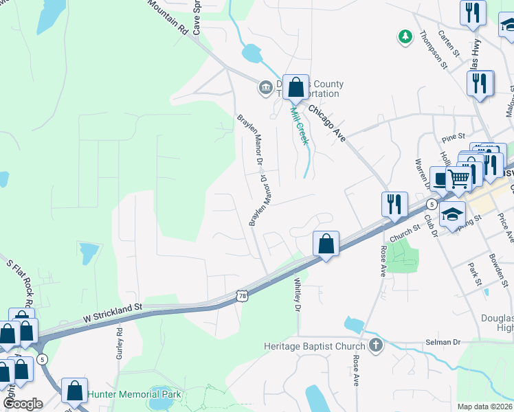 map of restaurants, bars, coffee shops, grocery stores, and more near 8594 Braylen Manor Drive in Douglasville