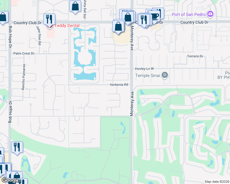 map of restaurants, bars, coffee shops, grocery stores, and more near 6 Garnet Court in Rancho Mirage