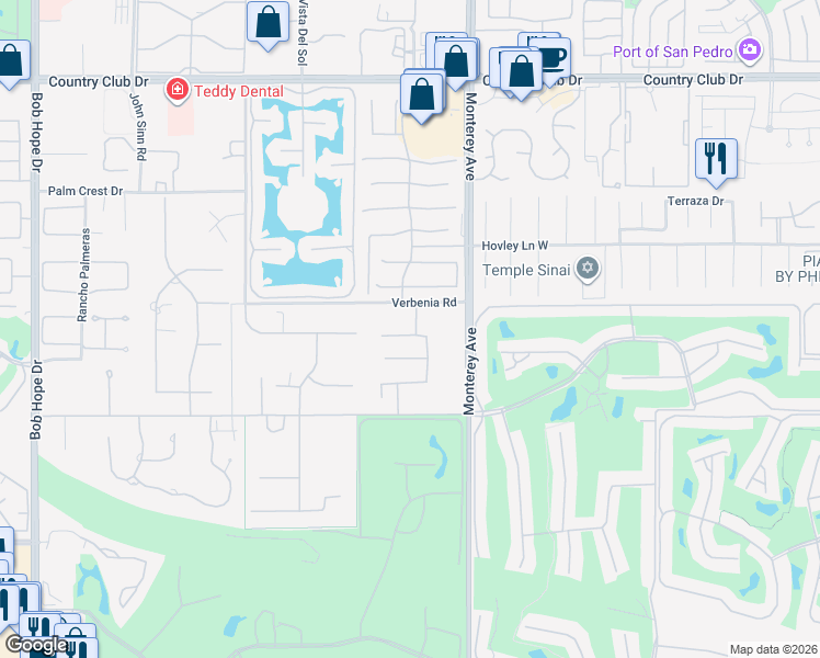 map of restaurants, bars, coffee shops, grocery stores, and more near 6 Garnet Court in Rancho Mirage