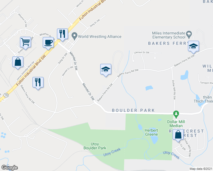 map of restaurants, bars, coffee shops, grocery stores, and more near 4581 Bakers Ferry Road Southwest in Atlanta
