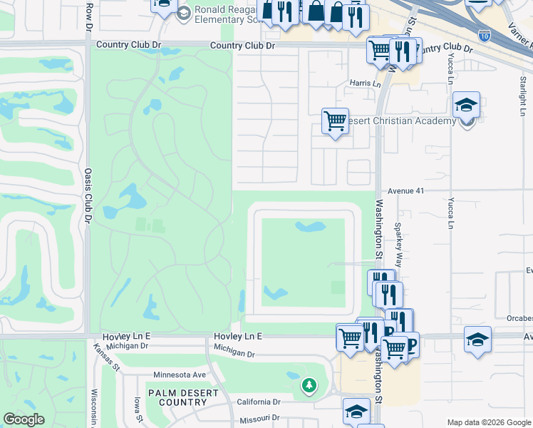 map of restaurants, bars, coffee shops, grocery stores, and more near 77605 Woodhaven Drive North in Palm Desert