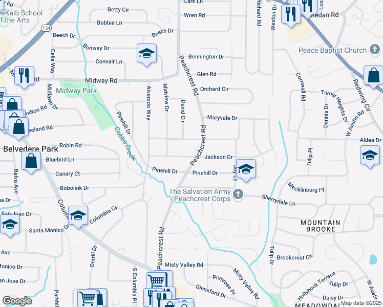 map of restaurants, bars, coffee shops, grocery stores, and more near 3406 Jackson Drive in Decatur