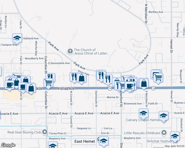 map of restaurants, bars, coffee shops, grocery stores, and more near 3260 Vista Way in Hemet