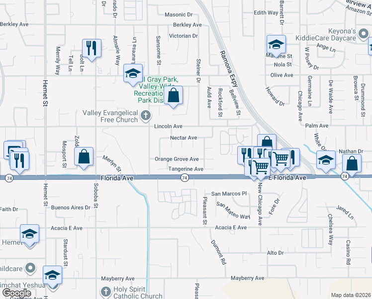 map of restaurants, bars, coffee shops, grocery stores, and more near 236 Jam Street in Hemet
