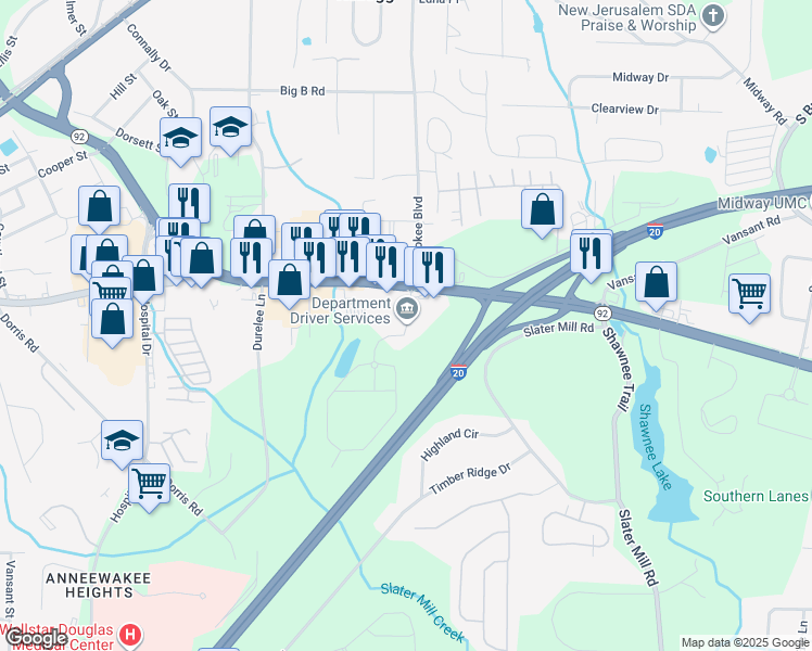 map of restaurants, bars, coffee shops, grocery stores, and more near 8470 Earl D Lee Boulevard in Douglasville