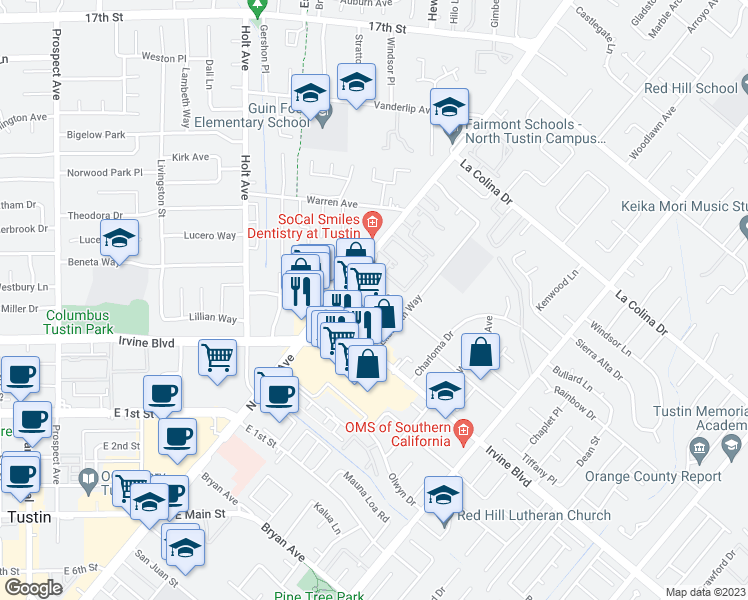 map of restaurants, bars, coffee shops, grocery stores, and more near 1082 Wass Street in Tustin