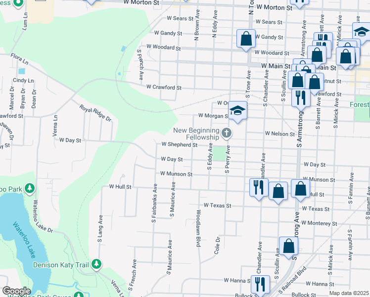 map of restaurants, bars, coffee shops, grocery stores, and more near 1412 West Shepherd Street in Denison