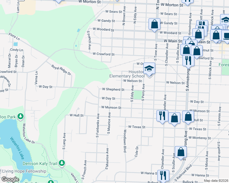 map of restaurants, bars, coffee shops, grocery stores, and more near 1412 West Shepherd Street in Denison