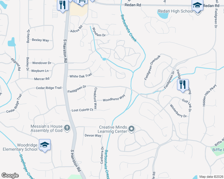 map of restaurants, bars, coffee shops, grocery stores, and more near 4879 Fieldgreen Drive in Stone Mountain