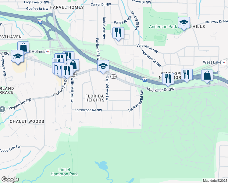 map of restaurants, bars, coffee shops, grocery stores, and more near 2216 Telhurst Street Southwest in Atlanta