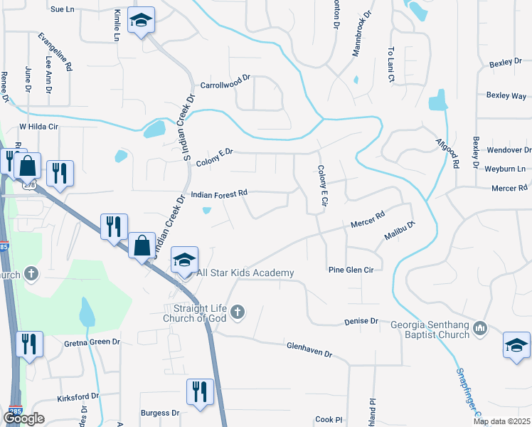 map of restaurants, bars, coffee shops, grocery stores, and more near Indian Forest Trail in DeKalb County