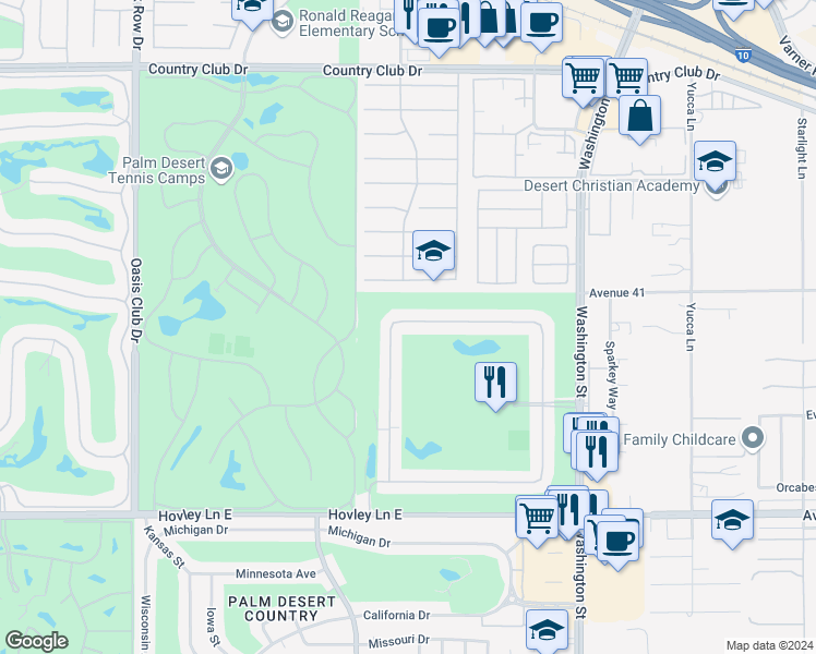 map of restaurants, bars, coffee shops, grocery stores, and more near 41165 Woodhaven Drive West in Palm Desert