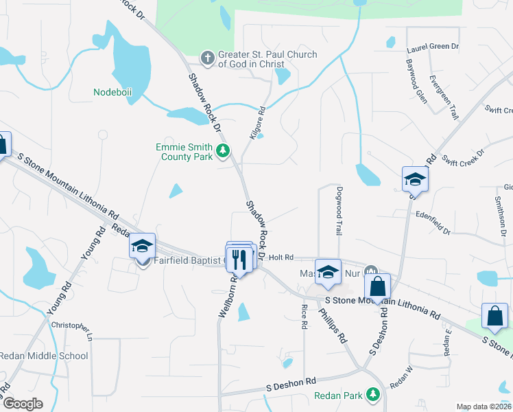 map of restaurants, bars, coffee shops, grocery stores, and more near 6398 Shadow Rock Drive in Lithonia