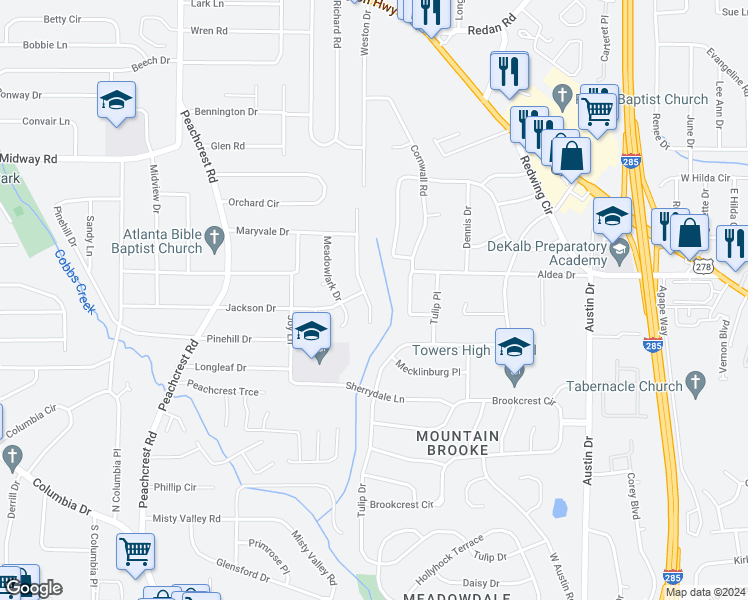 map of restaurants, bars, coffee shops, grocery stores, and more near 1478 Cobb Branch Drive in Decatur