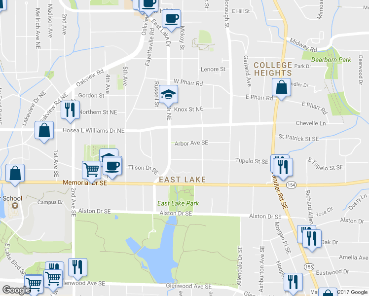 map of restaurants, bars, coffee shops, grocery stores, and more near 2653 Arbor Avenue Southeast in Atlanta