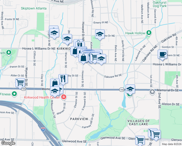 map of restaurants, bars, coffee shops, grocery stores, and more near 2023 Oakview Road Southeast in Atlanta