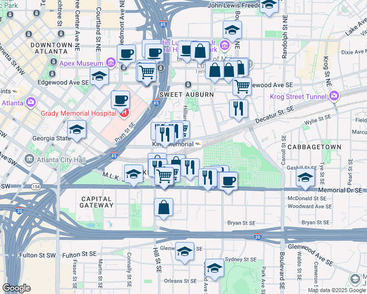 map of restaurants, bars, coffee shops, grocery stores, and more near 3 Grant Street Southeast in Atlanta