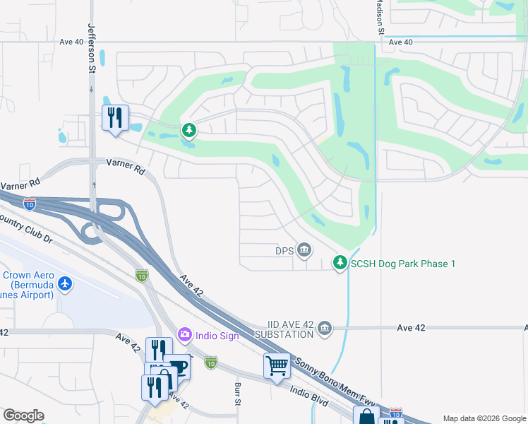 map of restaurants, bars, coffee shops, grocery stores, and more near 80598 Avenida San Felipe in Indio