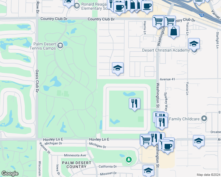 map of restaurants, bars, coffee shops, grocery stores, and more near 77605 Woodhaven Drive North in Palm Desert