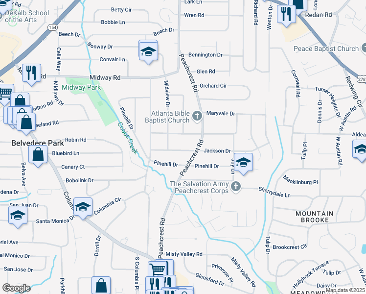 map of restaurants, bars, coffee shops, grocery stores, and more near 3388 Jackson Drive in Decatur