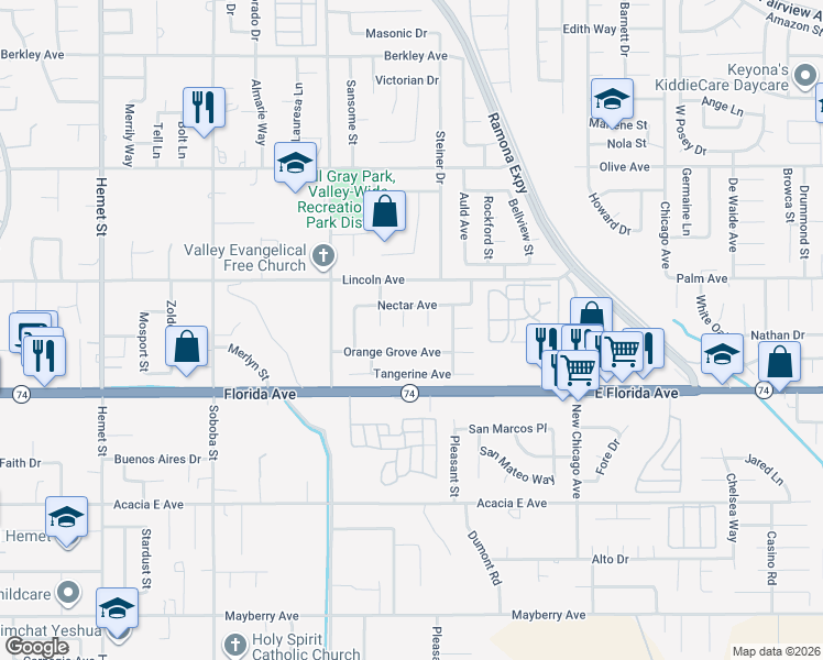 map of restaurants, bars, coffee shops, grocery stores, and more near 236 Jam Street in Hemet