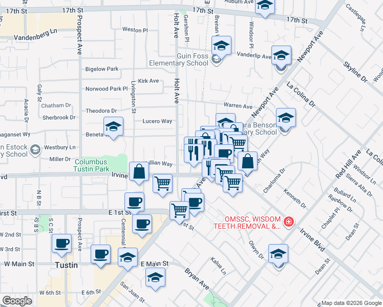 map of restaurants, bars, coffee shops, grocery stores, and more near 14751 Plaza Drive in Tustin
