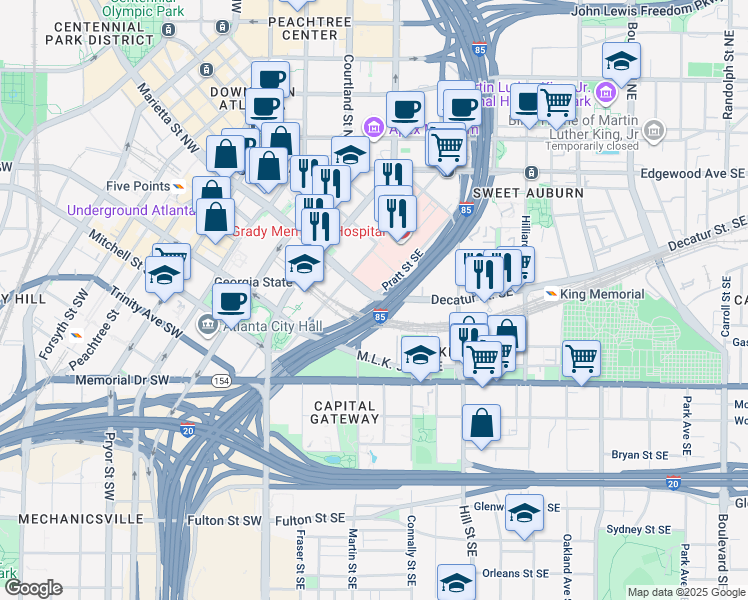 map of restaurants, bars, coffee shops, grocery stores, and more near 197 Decatur Street Southeast in Atlanta