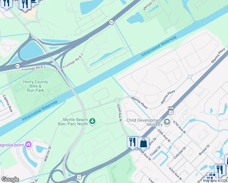 map of restaurants, bars, coffee shops, grocery stores, and more near 6201 Marina Parkway in Myrtle Beach