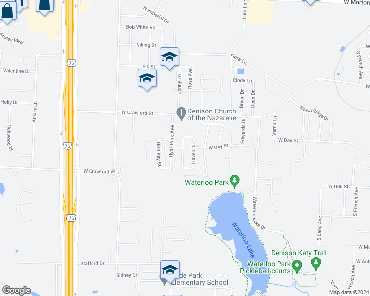 map of restaurants, bars, coffee shops, grocery stores, and more near 13 Haven Circle in Denison