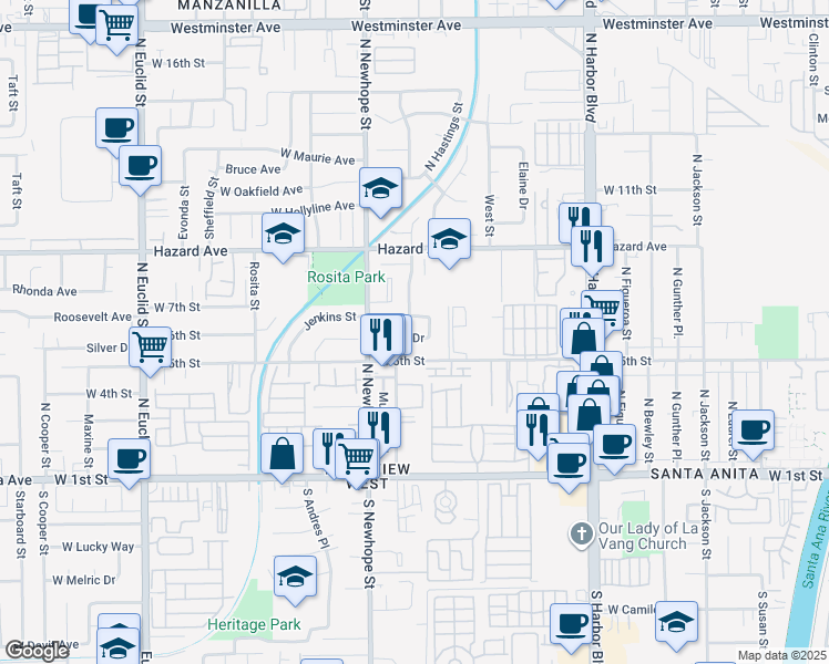 map of restaurants, bars, coffee shops, grocery stores, and more near 4318 Roosevelt Avenue in Santa Ana